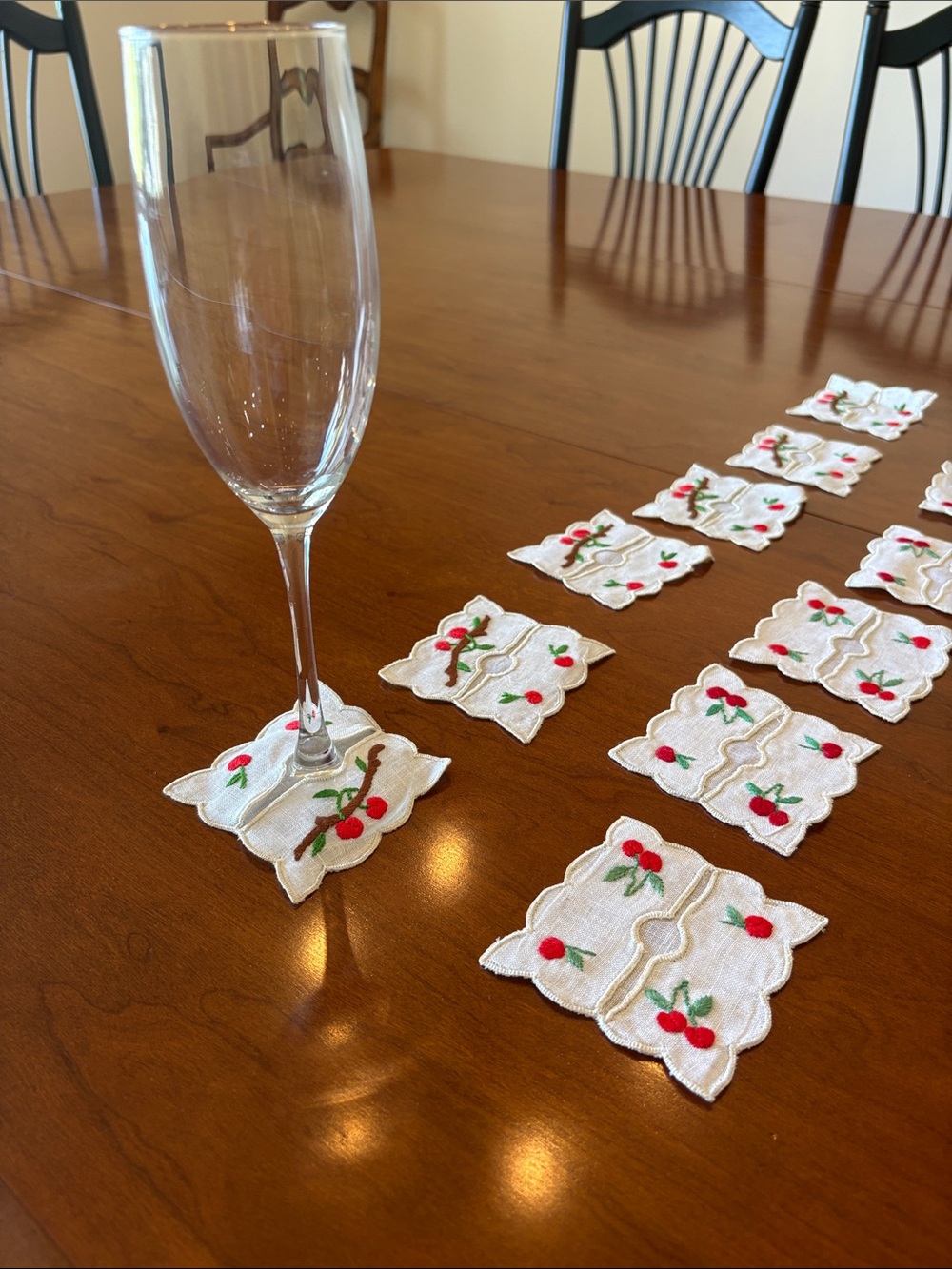 Vintage White Embroidered Cherry Coasters/Appliqués - Set of 12
